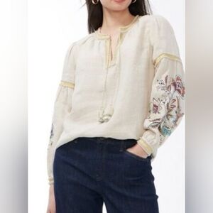 Large CHICO'S 100% Linen Embroidered Metallic Thread V-Neck Relaxed Fit Boho Top